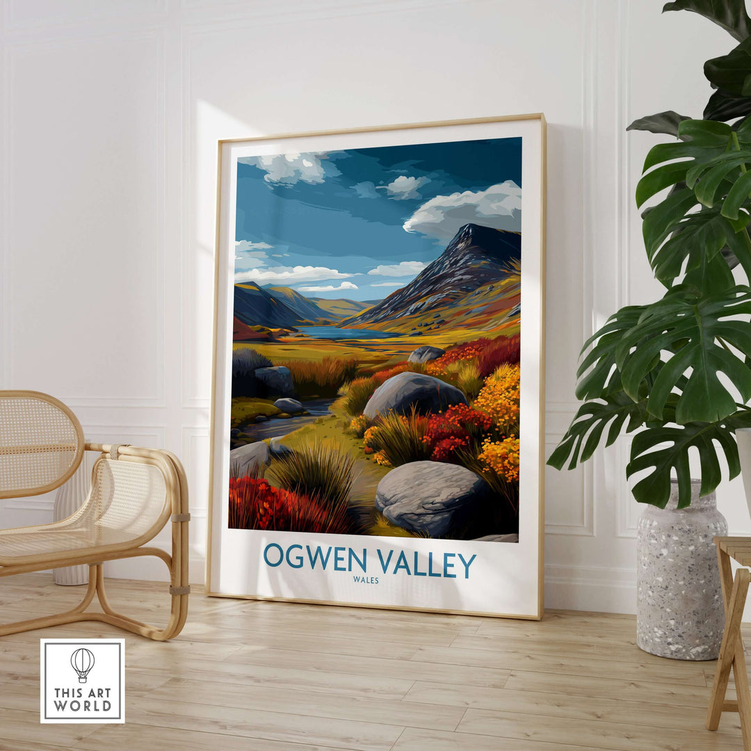 Ogwen Valley wall art showcasing rocky landscapes and vibrant nature in Wales, perfect for travel decor enthusiasts.