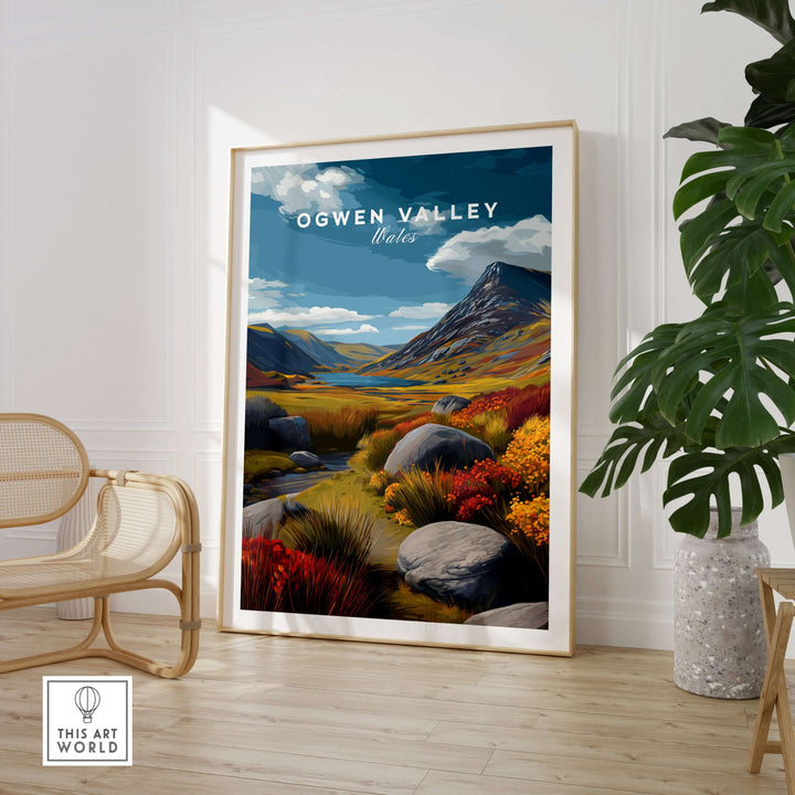 Ogwen Valley Wales print showcasing vibrant mountains and stream in a colorful highland landscape.