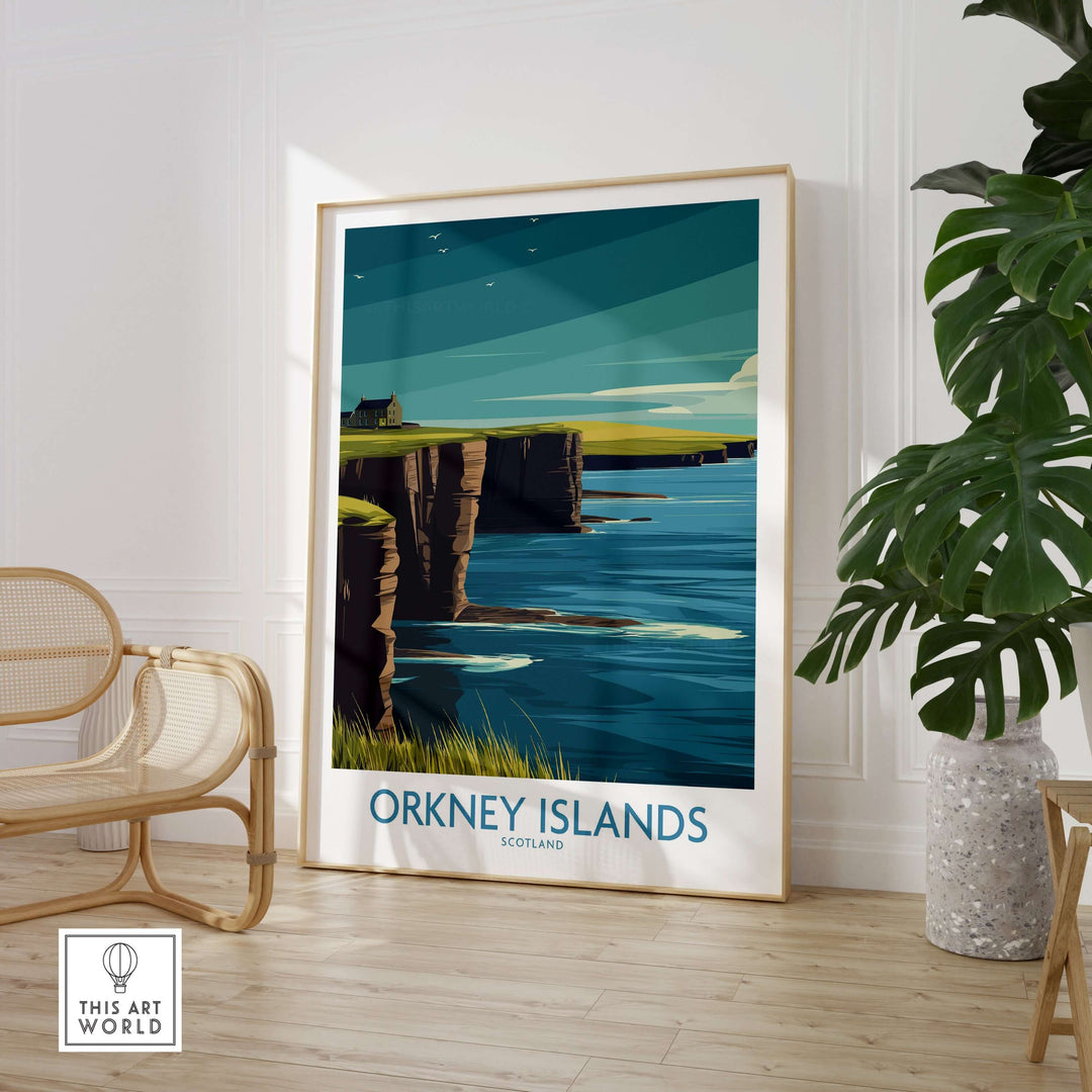 Vibrant Orkney Islands wall art depicting cliffs and coastline, perfect for Scottish travel decor.
