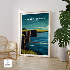 Orkney Islands Sea Cliffs Print - Dramatic Coastal Scotland Poster displayed in a modern interior setting.