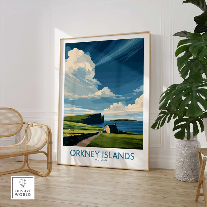Framed Orkney Islands wall art showcasing Scotland's rugged landscape with clouds and a cottage.