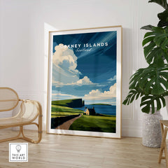 Orkney Islands Coastal Cottage Print - Green Hills Scotland Poster featuring lush hills and a peaceful cottage scene.