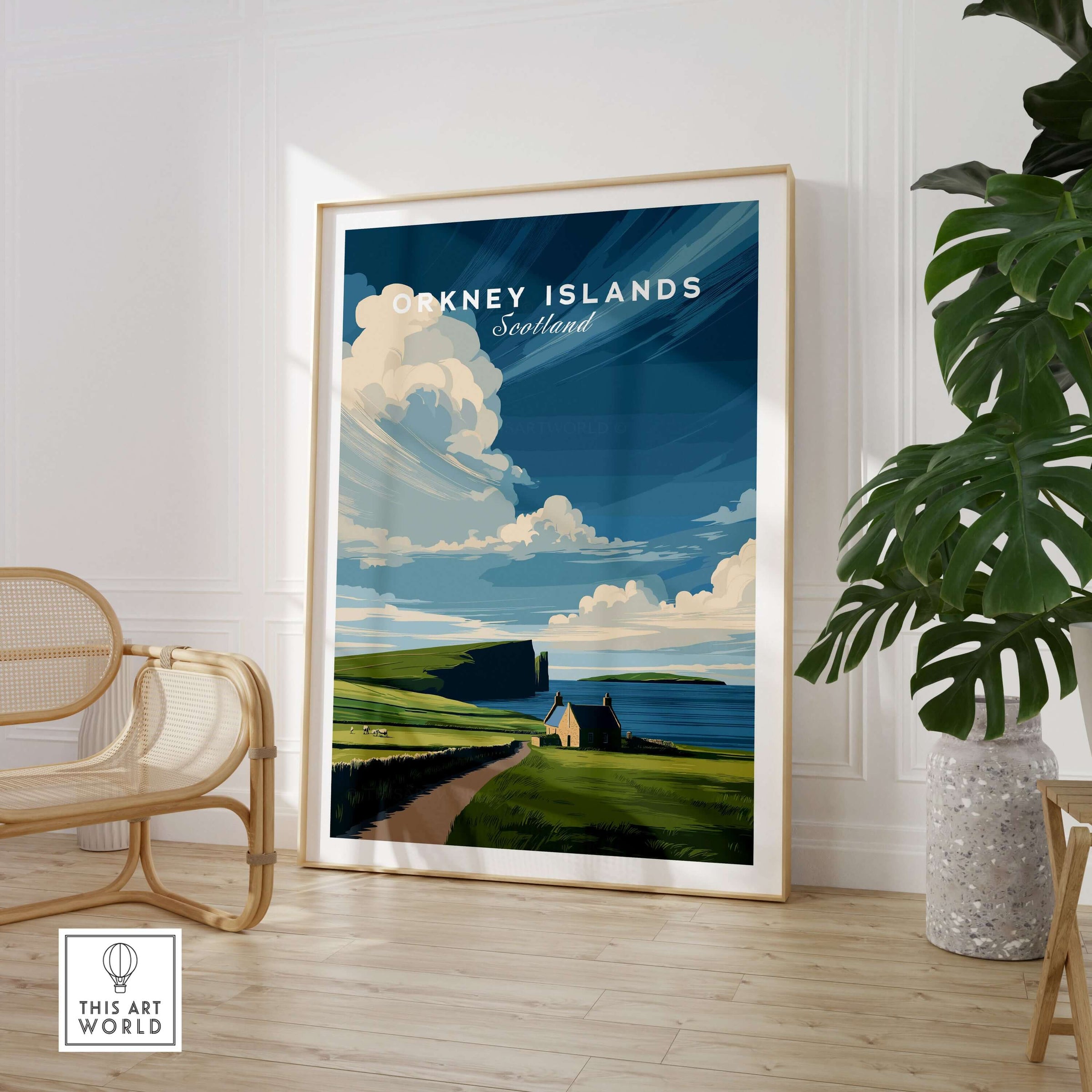 Orkney Islands Coastal Cottage Print - Green Hills Scotland Poster featuring lush hills and a peaceful cottage scene.