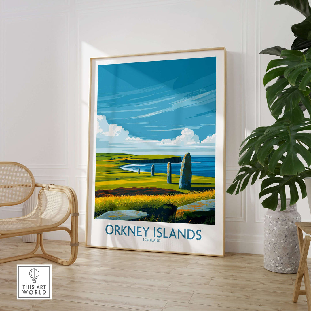 Orkney Islands Scotland prehistoric stones poster displayed in a stylish interior, perfect for travel decor enthusiasts.