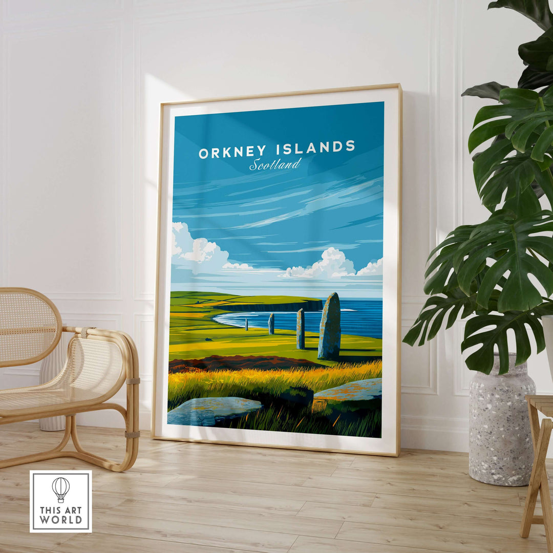 Orkney Islands standing stones print showcasing Scotland's ancient landmark art, framed in a stylish interior.