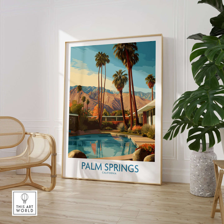 Palm Springs California poolside mountain view print featuring palm trees and a shimmering pool.