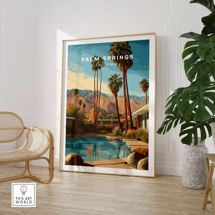 Palm Springs California Mid-Century Modern poster featuring palm trees and a pool in a stylish interior setting.
