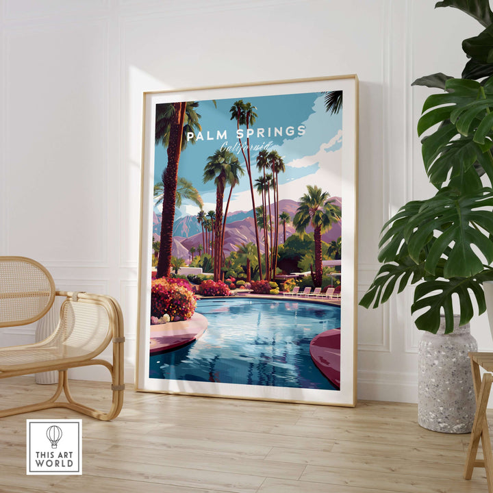 Palm Springs Tropical Poolside Print featuring a serene pool and mountain landscape, ideal for vibrant wall decor.