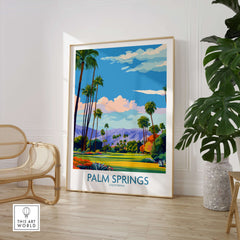 Palm Springs Palm Tree Oasis Wall Art - California Travel Poster depicting a vibrant landscape with palm trees and mountains.