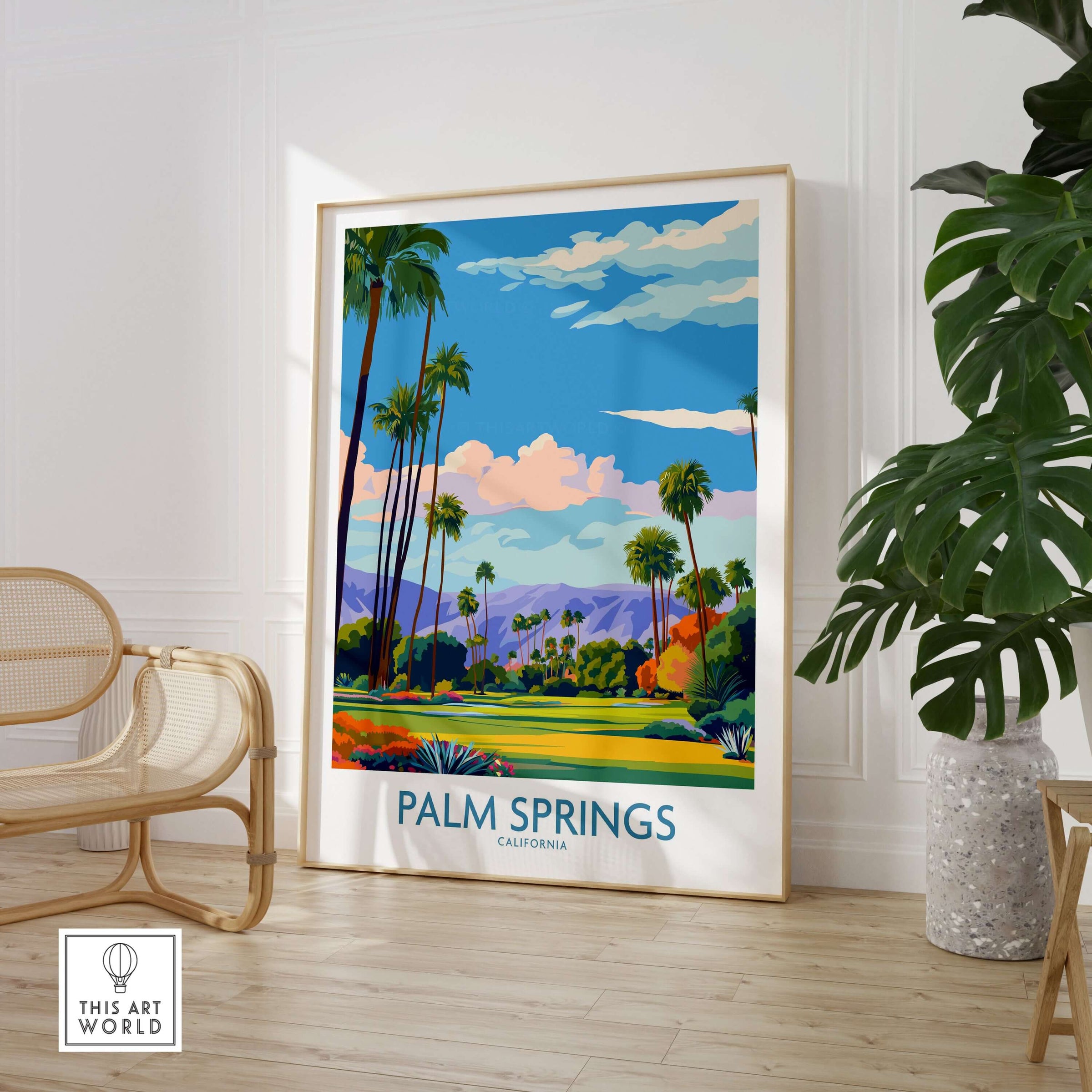 Palm Springs Palm Tree Oasis Wall Art - California Travel Poster depicting a vibrant landscape with palm trees and mountains.