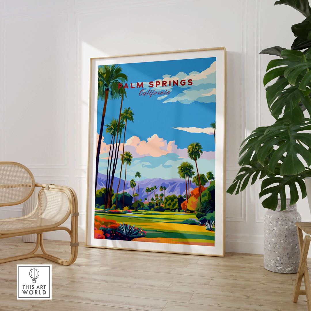 Palm Springs golf course poster showcasing vibrant desert mountains and palm trees in a stylish interior setting.