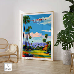 Palm Springs Golf Course Poster - California Desert Mountain View Print showcasing a vibrant desert landscape and palm trees.