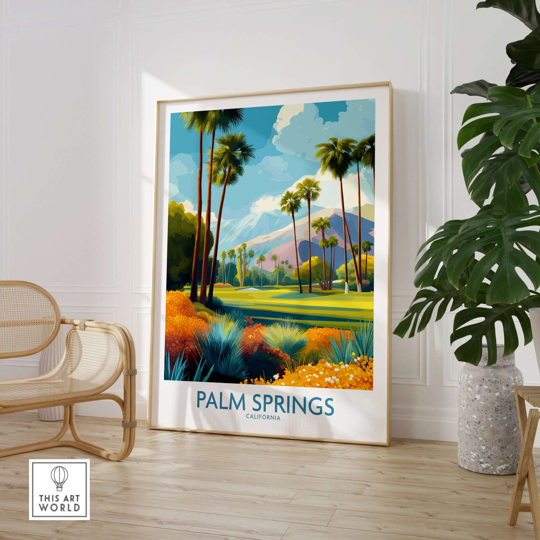 Vibrant Palm Springs garden poster featuring lush greenery and mountains, perfect for California golf vacation decor.