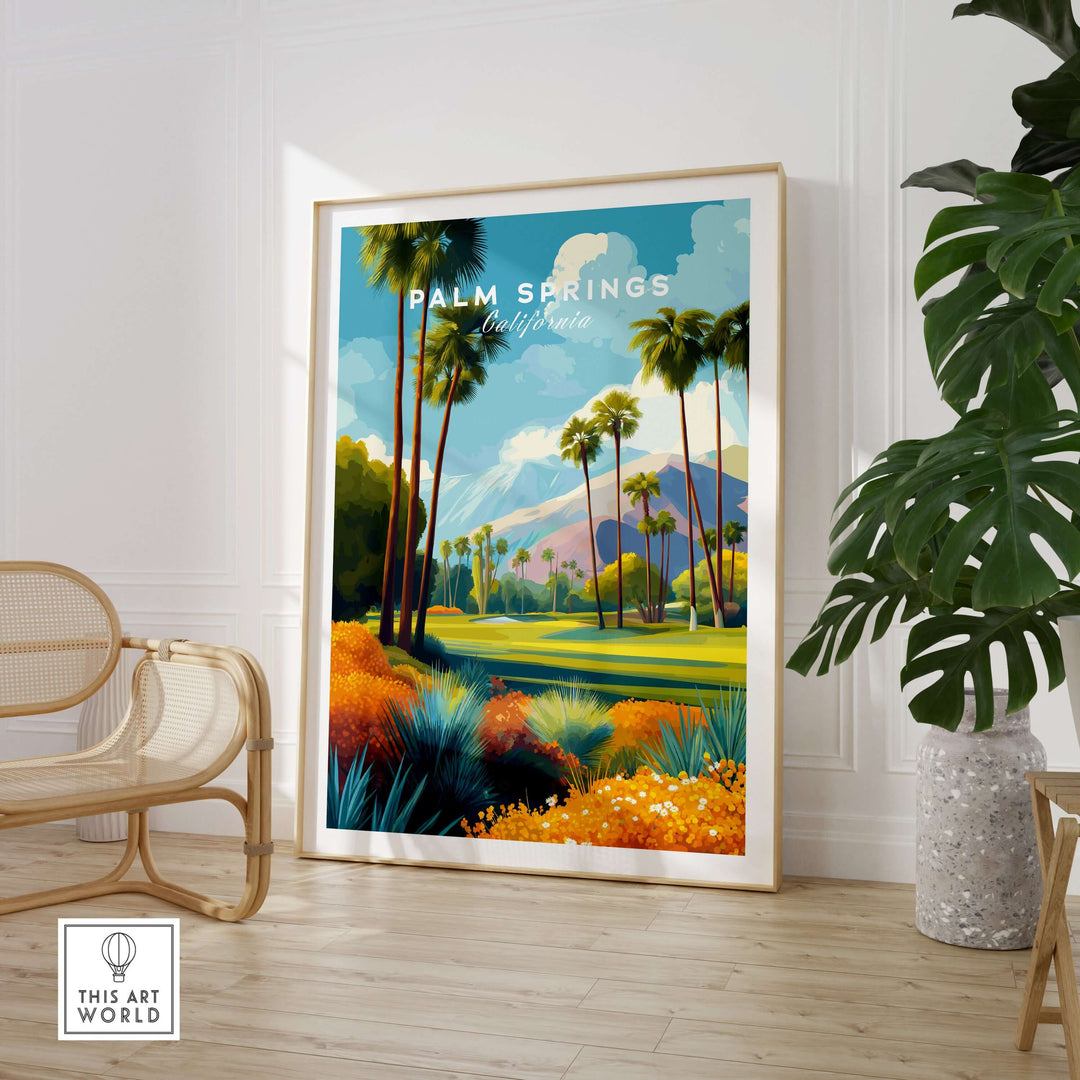 Palm Springs California golf course mountain view print featuring vibrant desert landscape and palm trees.