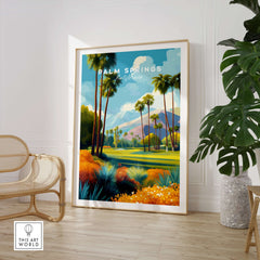 Palm Springs California Golf Course Mountain View Print - Desert Landscape Wall Art displayed in a modern room with plants.