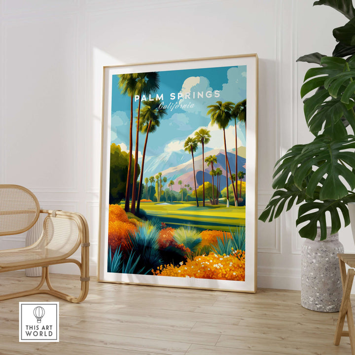 Palm Springs California golf course mountain view print featuring vibrant desert landscape and palm trees.