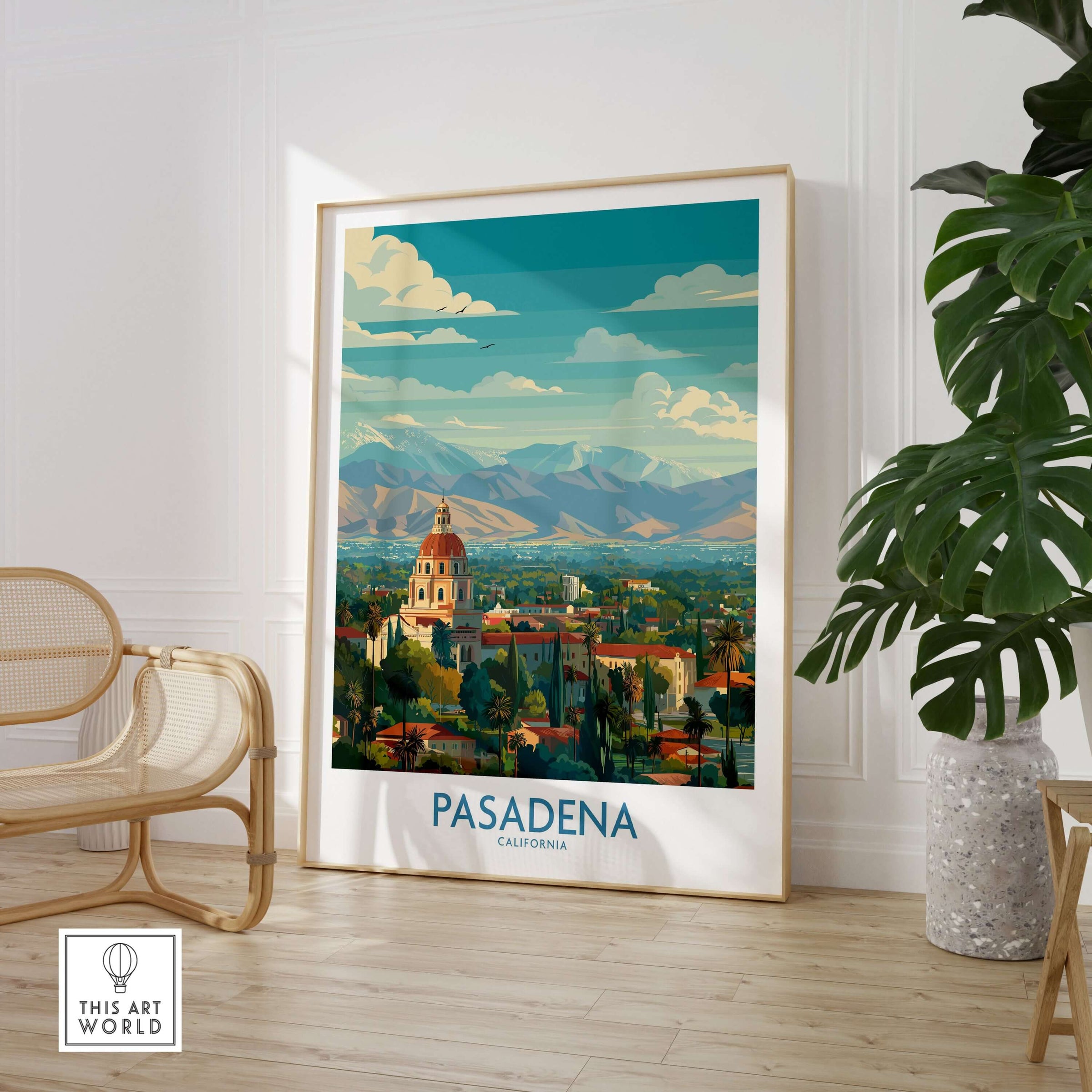 Pasadena California Skyline Wall Art Print featuring vibrant city architecture and mountains.