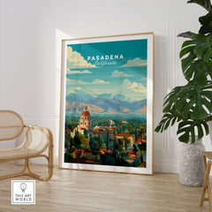 Pasadena California Print City Hall - San Gabriel Mountain Poster displayed in an elegant room with a plant and decor.