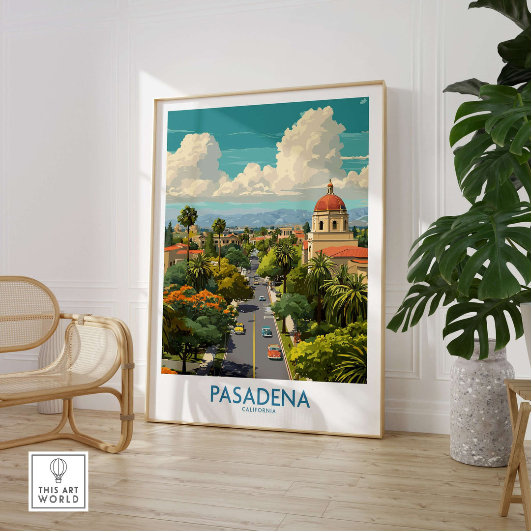 Pasadena California travel poster showcasing vibrant city views and iconic landmarks.