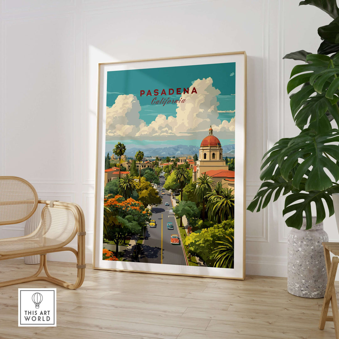 Pasadena California cityscape poster featuring landmarks and vibrant urban views in a stylish interior setting.