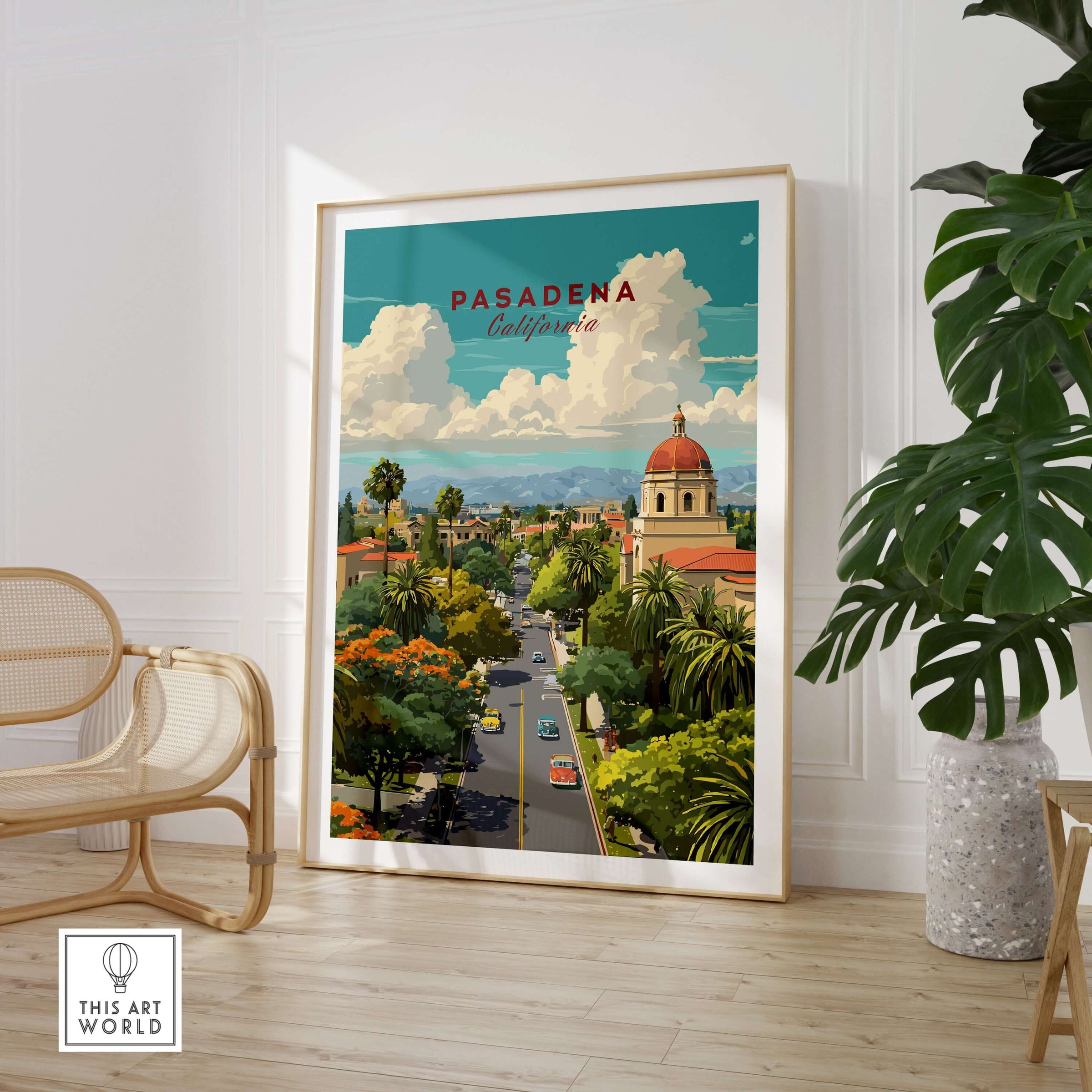 Pasadena Poster California - Cityscape Print showcasing vibrant cityscape with iconic landmarks and greenery.