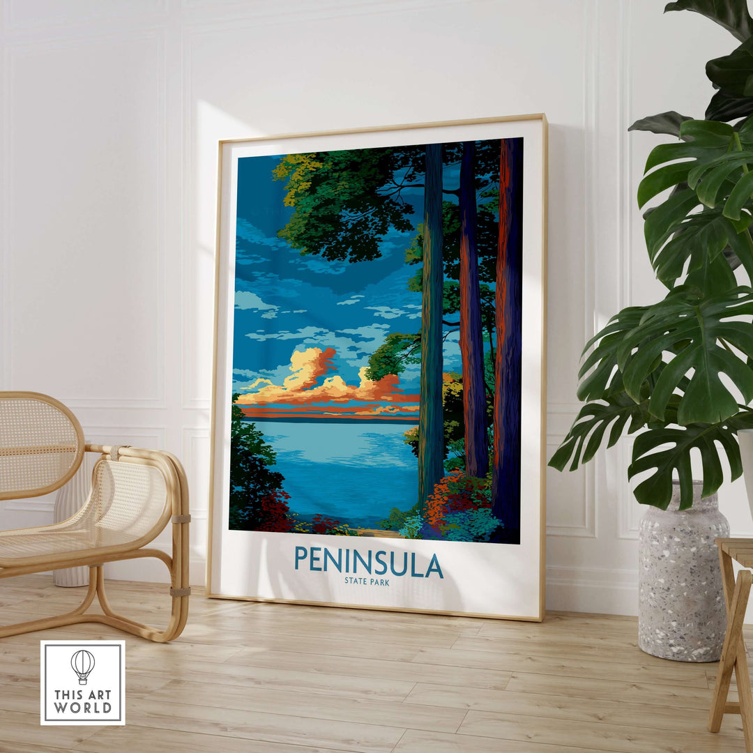 Vibrant landscape print of Peninsula State Park showcasing colorful trees and lake, perfect for Wisconsin nature decor.