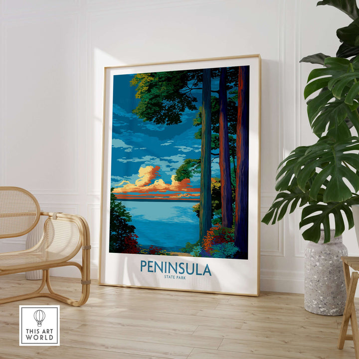 Vibrant landscape print of Peninsula State Park showcasing colorful trees and lake, perfect for Wisconsin nature decor.