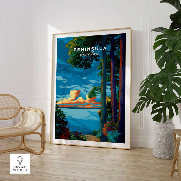 Peninsula State Park sunset poster featuring Lake Michigan and trees, perfect for nature-inspired wall art.