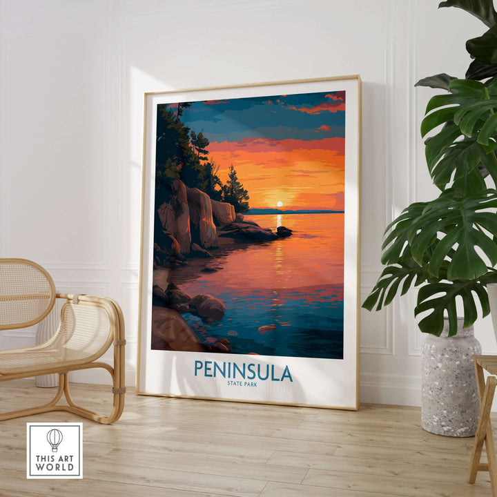 Peninsula State Park golden hour lake view poster showcasing vibrant sunset colors, perfect for Wisconsin travel decor.
