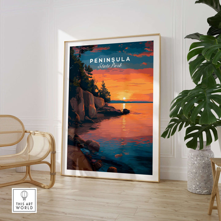 Peninsula State Park sunset print showcasing Wisconsin's rocky shoreline, elegantly framed in a stylish living room.