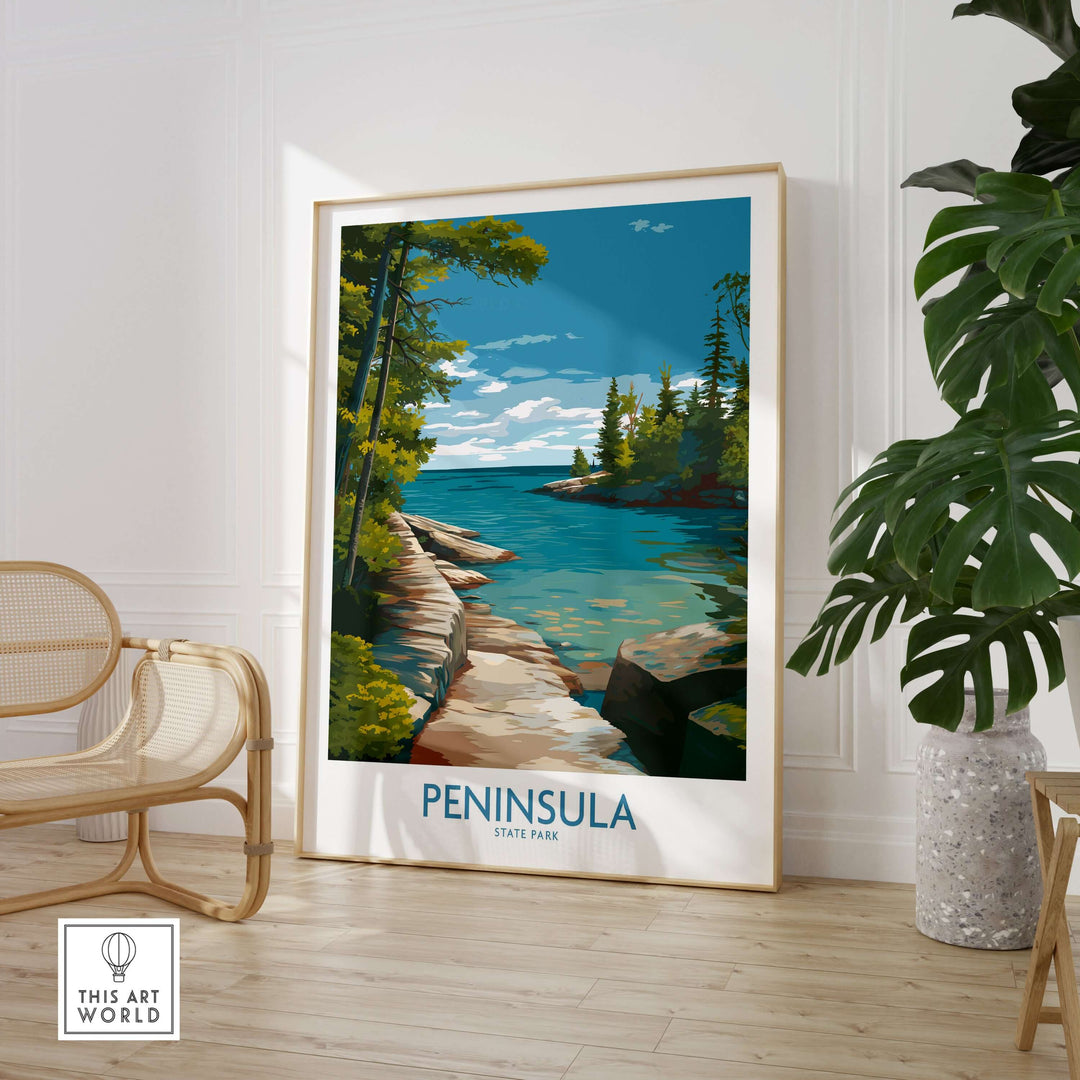 Framed wall art of Peninsula State Park, featuring serene water and lush greenery for Wisconsin decor.