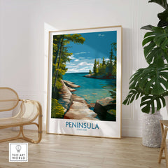 Peninsula State Park Green Bay Wall Art - Wisconsin State Park Decor displayed in a cozy room with a stylish chair.