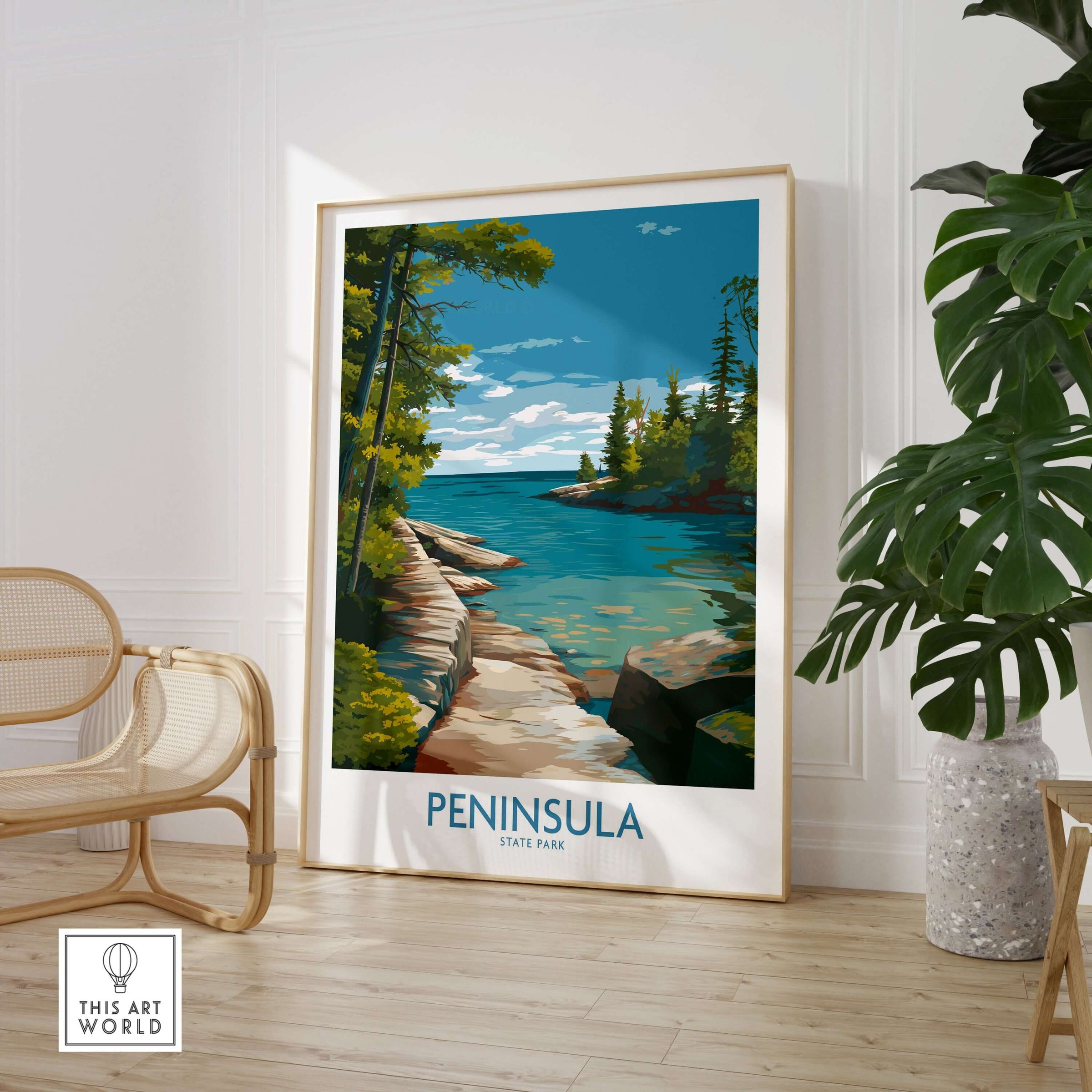 Peninsula State Park Green Bay Wall Art - Wisconsin State Park Decor displayed in a cozy room with a stylish chair.