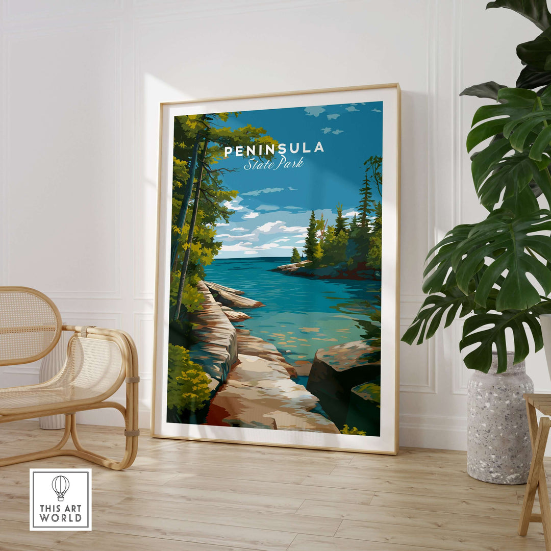 Peninsula State Park Wisconsin Rocky Coastline Print in a modern living room setting.