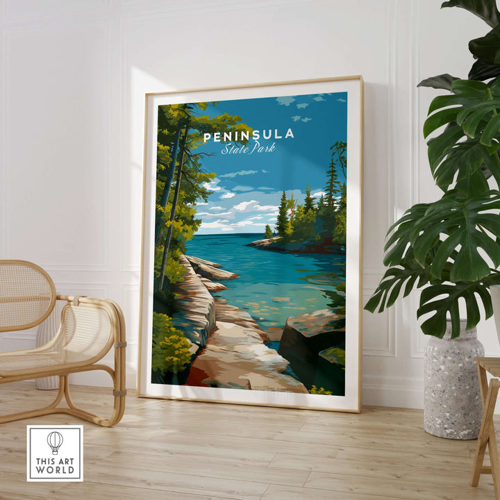 Peninsula State Park Wisconsin Rocky Coastline Print in a modern living room setting.