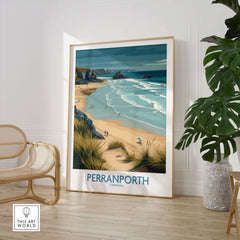 Perranporth Cornwall Ocean Waves Seascape Poster - UK Travel Destination displayed in a modern living room.