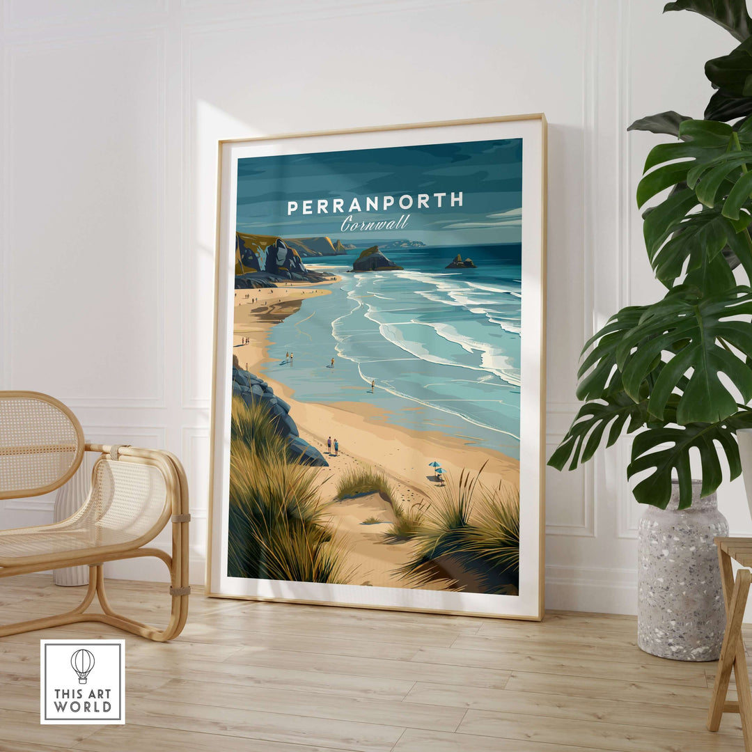 Perranporth Cornwall sandy beach dunes print showcasing coastal beauty in elegant living room decor.