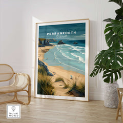Perranporth Cornwall Sandy Beach Dunes Print - Cornish Coastal Wall Art displayed in a modern living room.