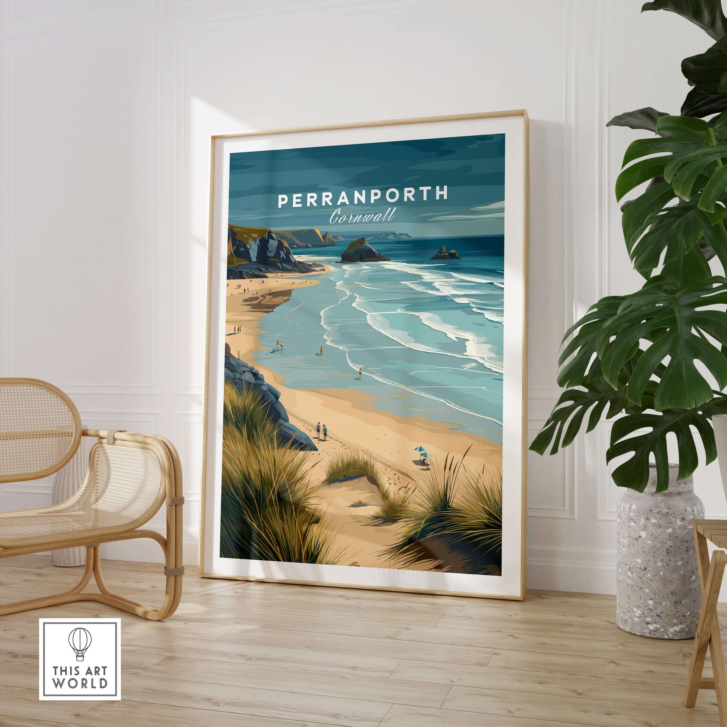 Perranporth Cornwall Sandy Beach Dunes Print - Cornish Coastal Wall Art displayed in a modern living room.