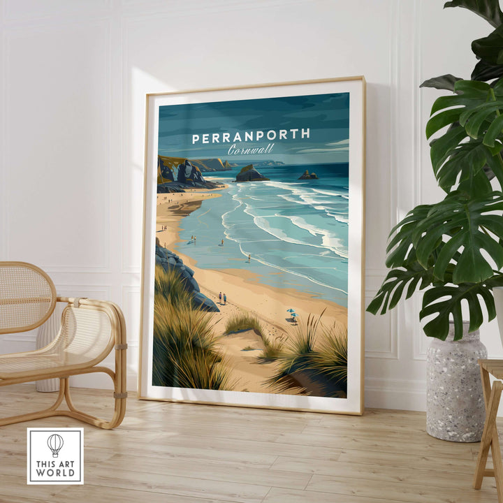 Perranporth Cornwall sandy beach dunes print showcasing coastal beauty in elegant living room decor.