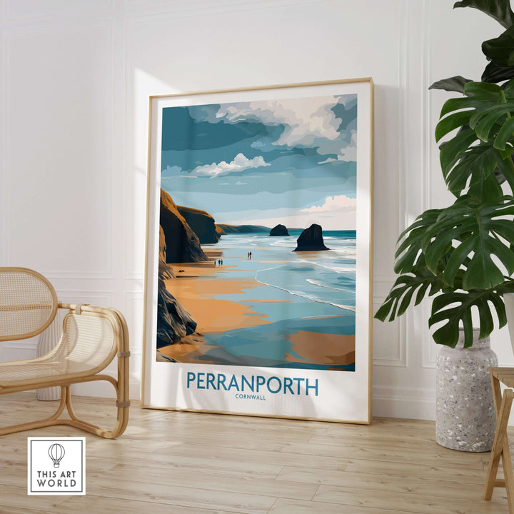 Perranporth Cornwall wall art showcasing a serene beach scene with footprints in the sand and ocean views.