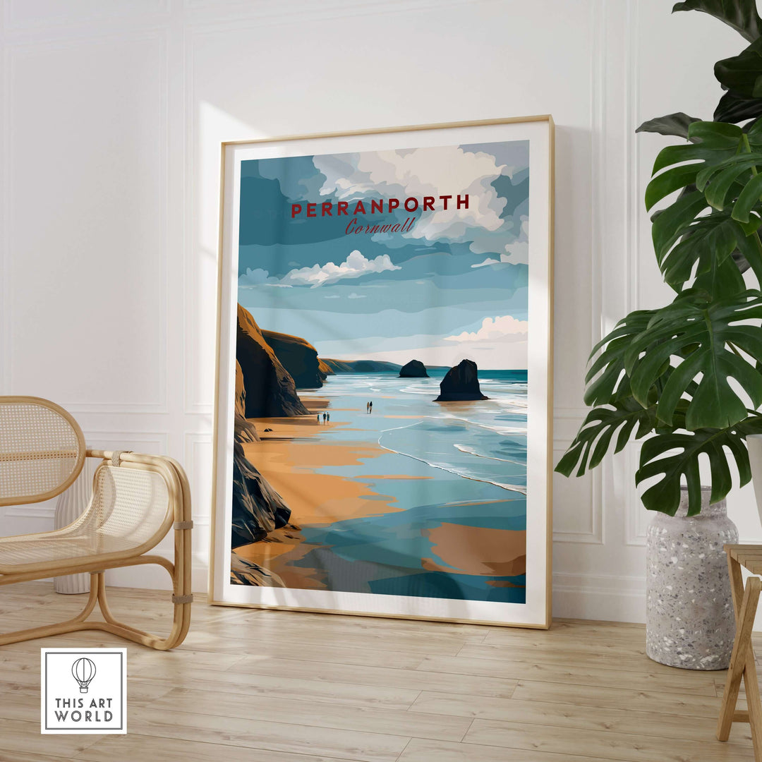 Stylish Perranporth low tide beach poster showcasing Cornish coast beauty in a modern living room setting.
