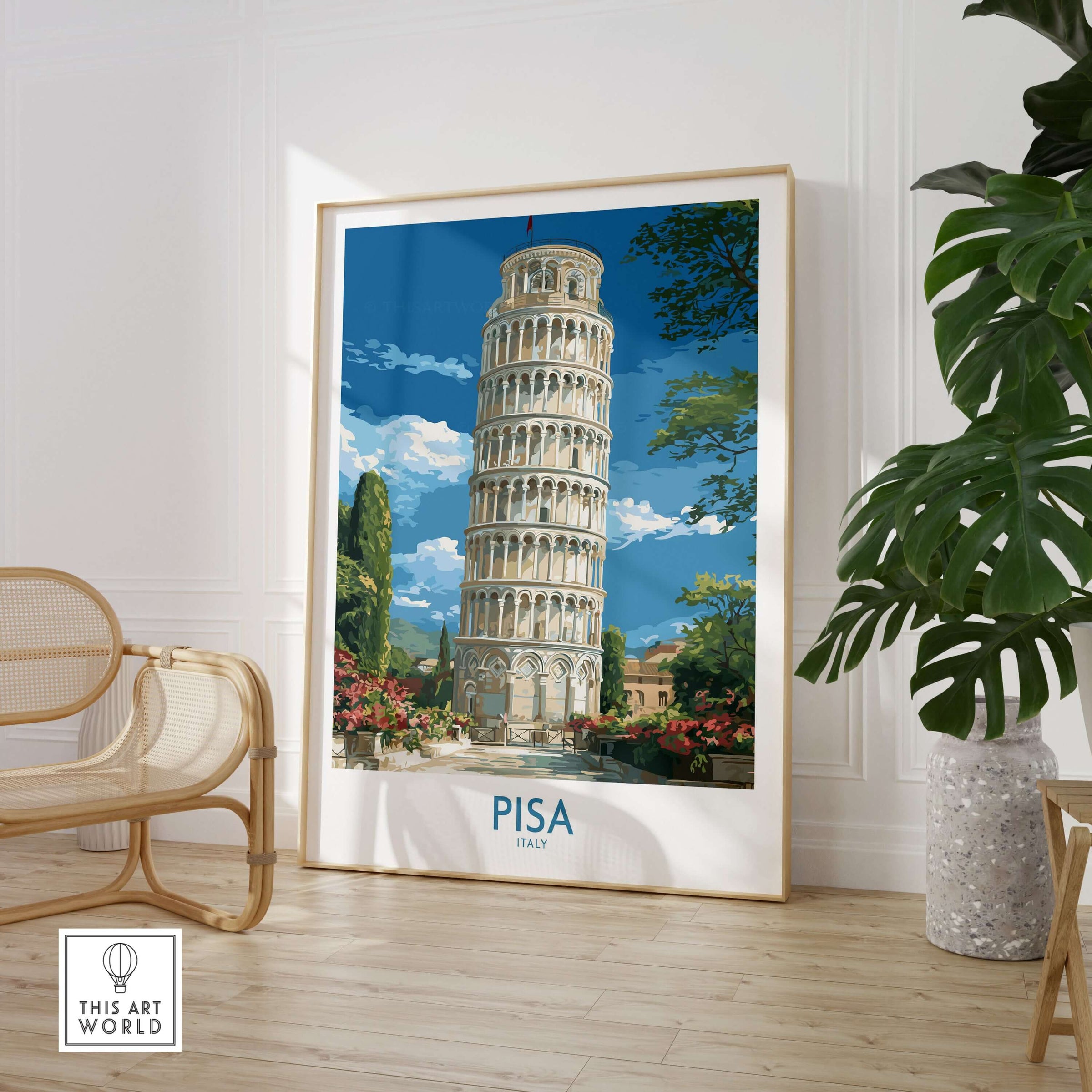 Pisa Italy Bell Tower Travel Wall Art - Historic Tuscany Poster featuring the Leaning Tower of Pisa in a bright setting.