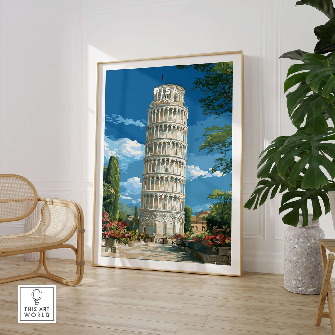 Leaning Tower of Pisa poster in stylish interior, showcasing Italian architecture and beauty.
