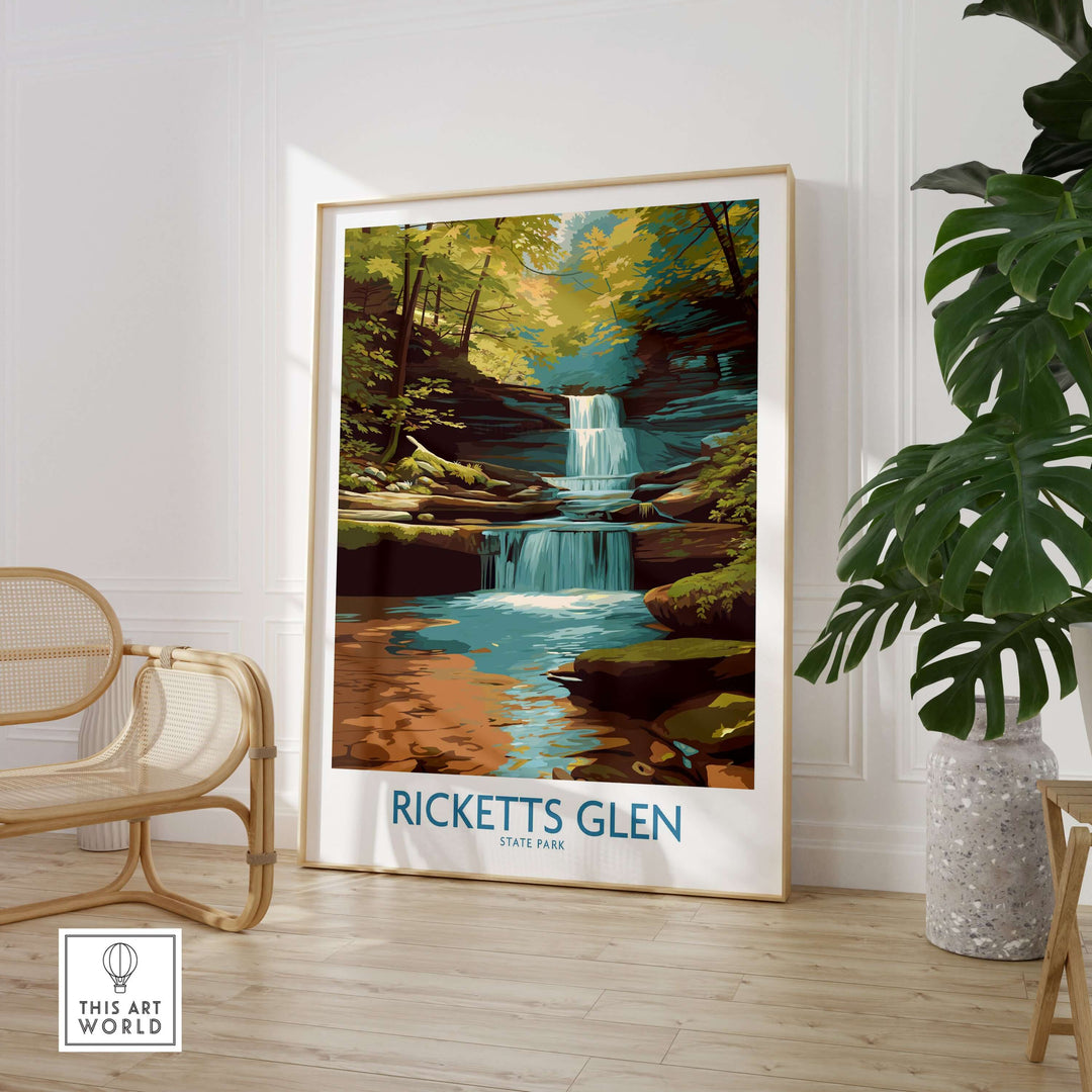 Ricketts Glen State Park waterfall poster showcasing vibrant nature decor in a stylish interior.