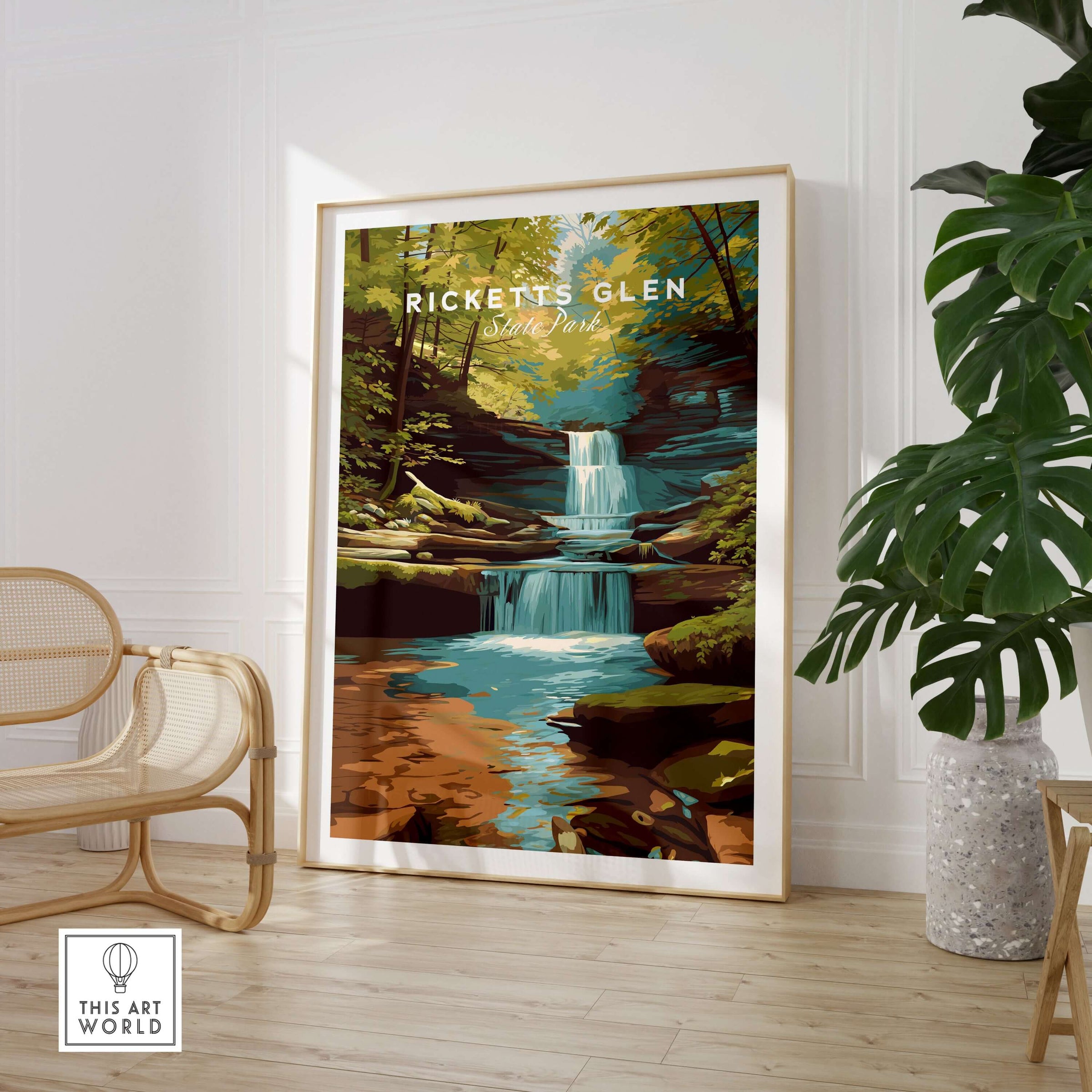 Ricketts Glen State Park Pennsylvania Waterfall Landscape Print - Scenic State Park Wall Art on display in a modern living space.