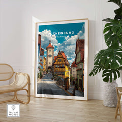 Rothenburg Poster Germany Travel Print showcasing medieval architecture and picturesque streets in a cozy room setting.