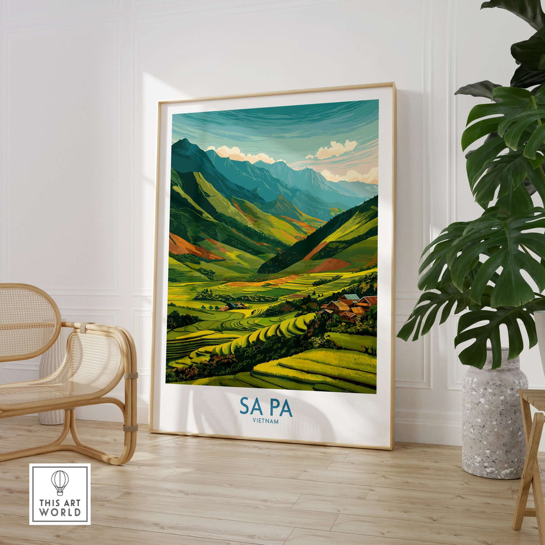 Sa Pa Vietnam print featuring vibrant rice terraces and mountains in a stylish interior decor setting.