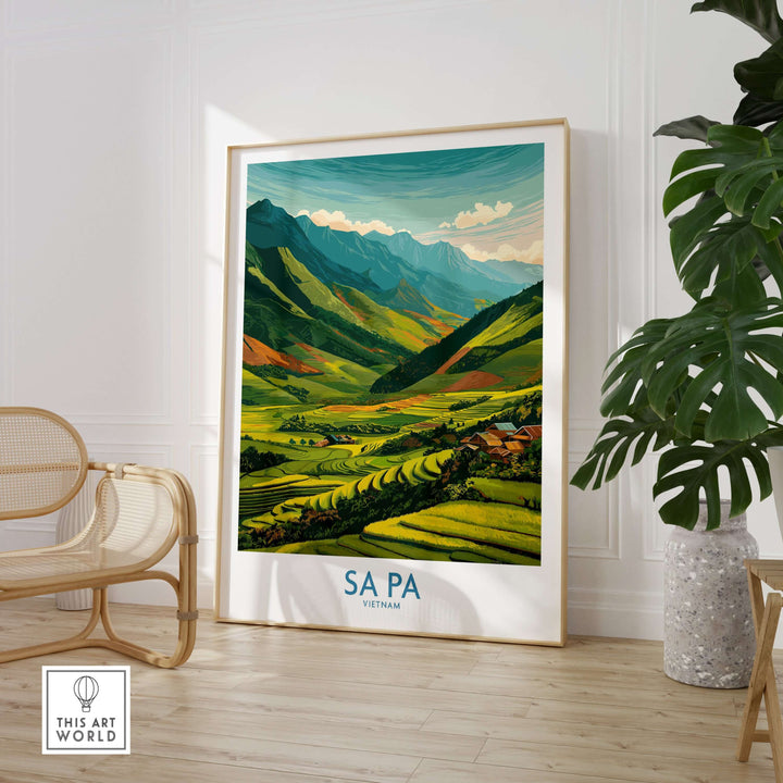 Sa Pa Vietnam print featuring vibrant rice terraces and mountains in a stylish interior decor setting.