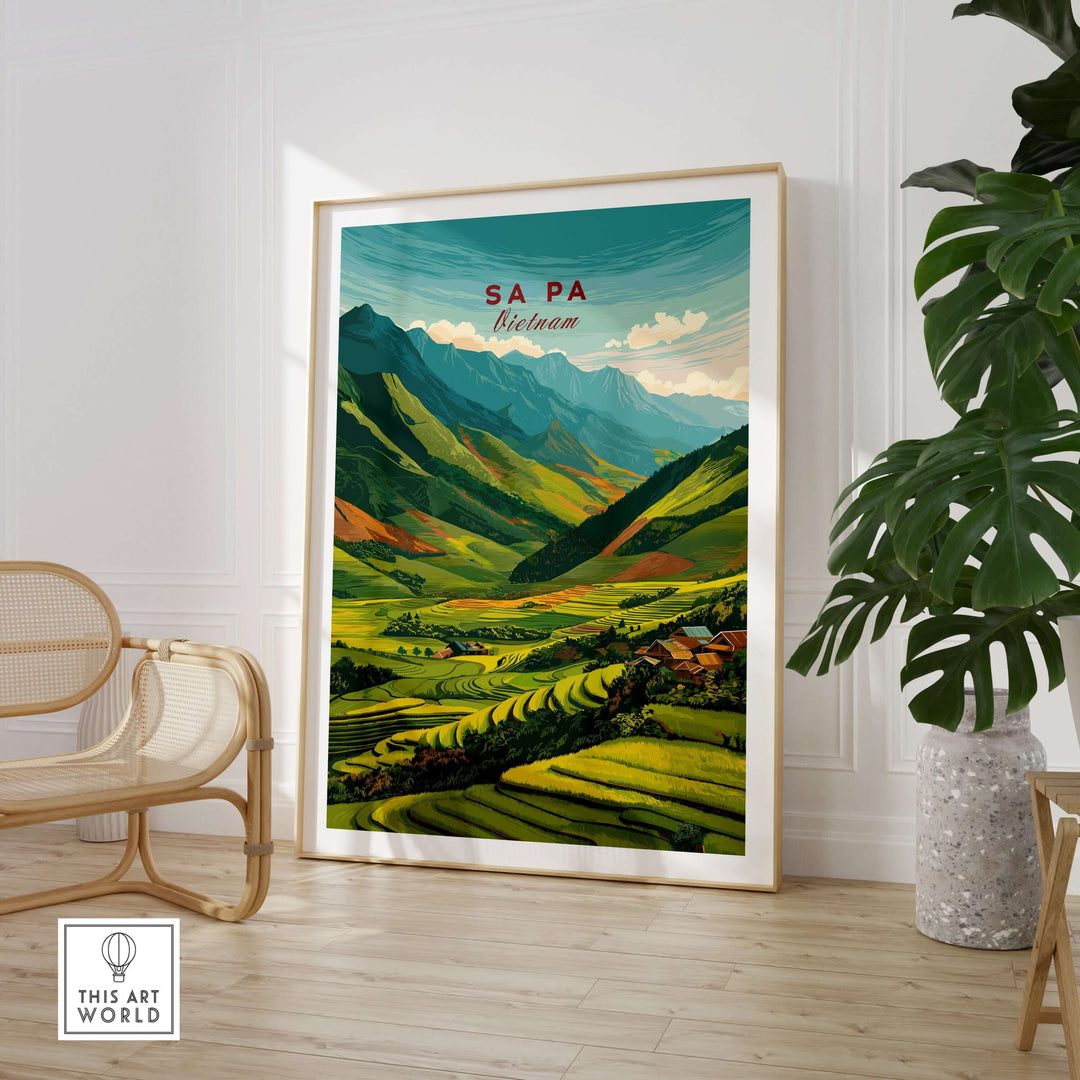 Vibrant Sa Pa Vietnam poster featuring lush rice terraces and green mountains, perfect for wall art decor.